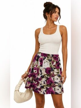Eric Alexandre Women’s Size 38 Linen Blend Floral Pleated A-Line Skirt Purple